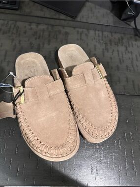 Suede Braided Slide Mule with Gold Buckle in Tan